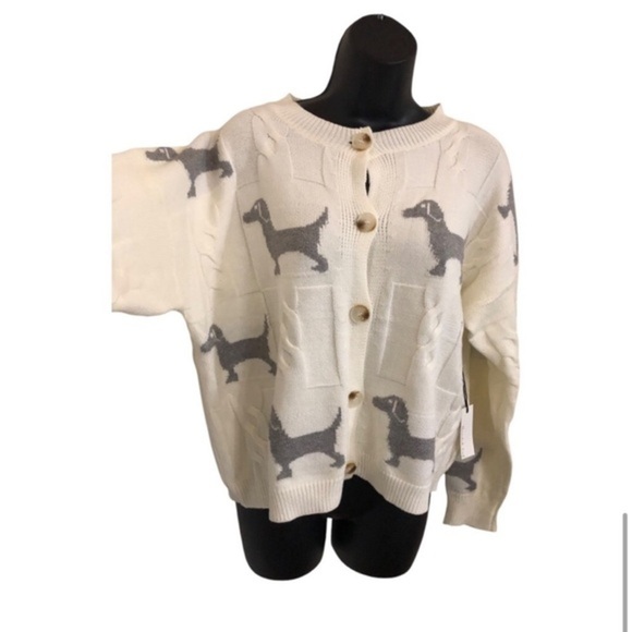Cream & gray dachshund puppy dog print adorable cardgian sweater size medium new - Picture 6 of 10